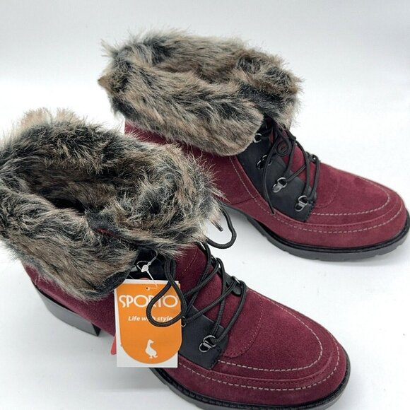 Sporto Holly Suede Boot Bootie Faux Fur Trim Burgundy Lace Up Block Heel 9 wide - Picture 2 of 12